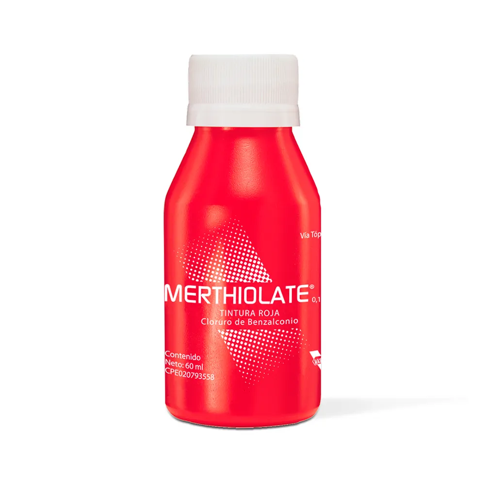 Merthiolate 0,13% Tintura Roja (Cloruro de Benzalconio), frasco de solución antiséptica tópica con colorante, utilizada para desinfectar heridas, cortes y quemaduras leves.