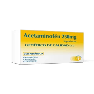 Acetaminofén (Paracetamol) 250 mg Supositorios de uso pediátrico, envase de medicamento para aliviar la fiebre y el dolor en niños por vía rectal.
