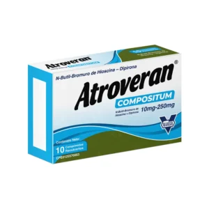 Atroveran Compositun 10 mg / 250 mg Comprimidos Recubiertos (N-Butil-Bromuro de Hioscina y Dipirona), caja para el alivio del dolor espasmódico intenso, cólicos renales, biliares y dolores menstruales fuertes.