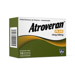 Atroveran Plus 10 mg / 500 mg Comprimidos Recubiertos (N-Butil-Bromuro de Hioscina y Acetaminofén), caja de medicamento combinado para el alivio rápido de espasmos, cólicos y dolor abdominal leve a moderado.