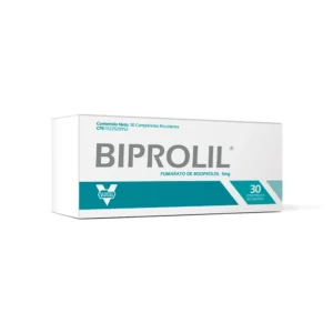 Biprolil Comprimidos Recubiertos (Fumarato de Bisoprolol), envase de beta-bloqueante utilizado para el tratamiento de la hipertensión arterial, angina de pecho e insuficiencia cardíaca crónica.