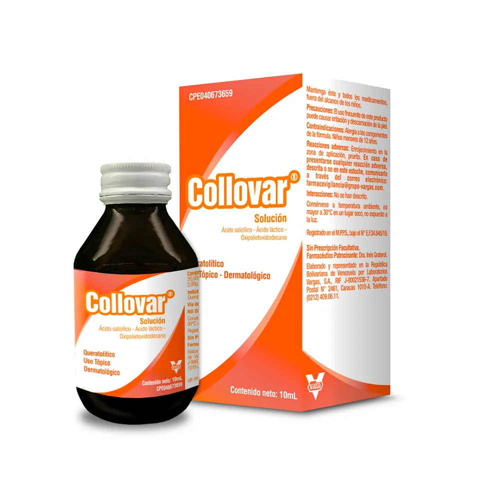 Collovar Solución (Ácido Salicílico y Ácido Láctico), frasco de líquido tópico para la eliminación de verrugas comunes, callos y durezas, mediante exfoliación queratolítica.