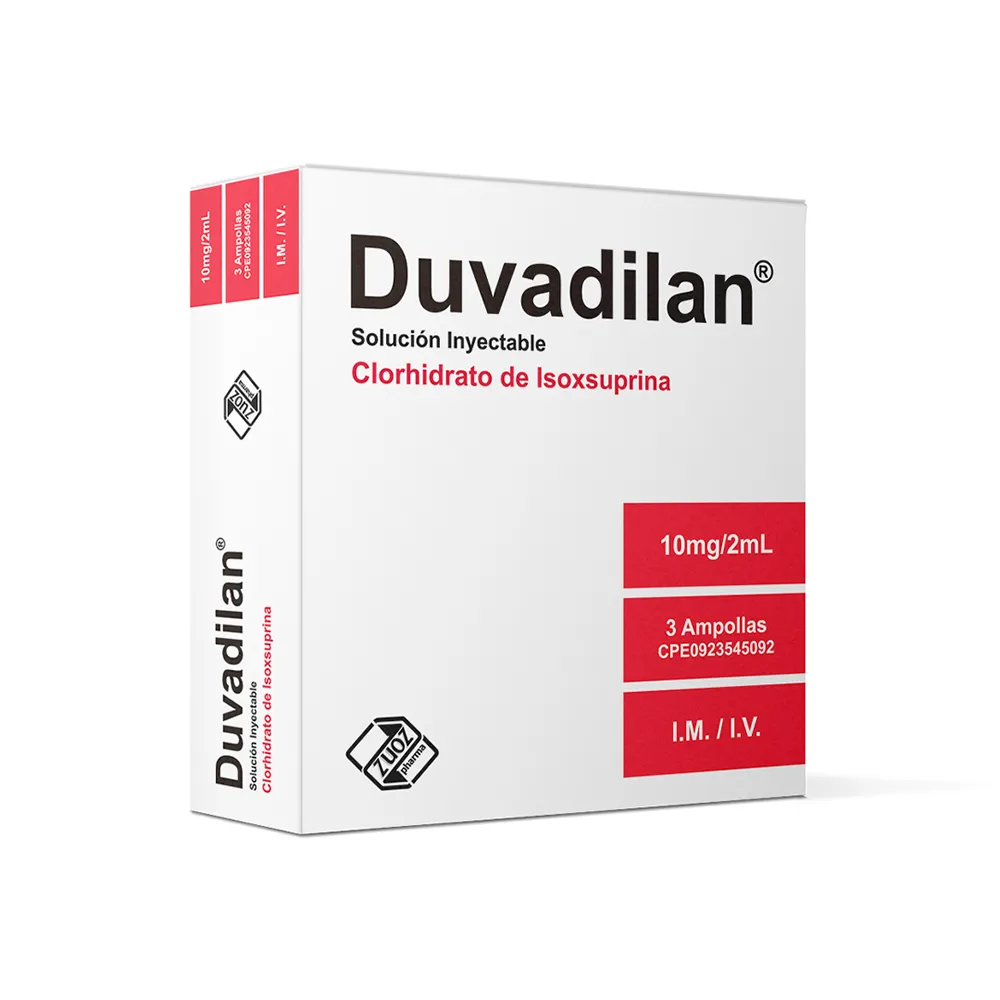 Duvadilan 10 mg/mL Solución Inyectable (Clorhidrato de Isoxsuprina), ampolla de vasodilatador periférico para uso hospitalario en el tratamiento de urgencia de la amenaza de parto prematuro o trastornos vasculares severos.
