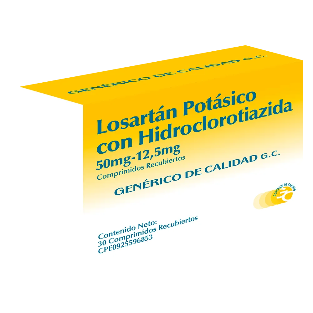 Losartán Potásico 50 mg con Hidroclorotiazida 12,5 mg Comprimidos Recubiertos, caja de medicamento combinado (ARA II + Diurético) para el tratamiento de la hipertensión arterial.
