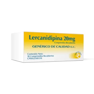 Lercanidipina 20 mg Comprimidos Recubiertos, caja de medicamento genérico bloqueador de los canales de calcio para el control de la hipertensión arterial con dosis más alta.