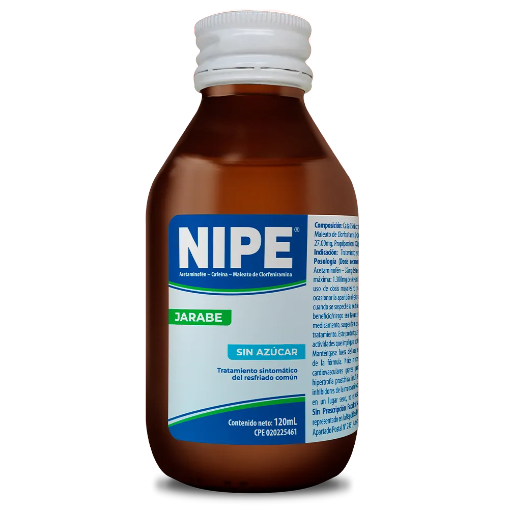 Nipe Jarabe (Acetaminofén, Cafeína y Clorfeniramina), frasco de medicamento combinado para el alivio de los síntomas del resfriado, gripe, fiebre, dolor de cabeza y congestión nasal.