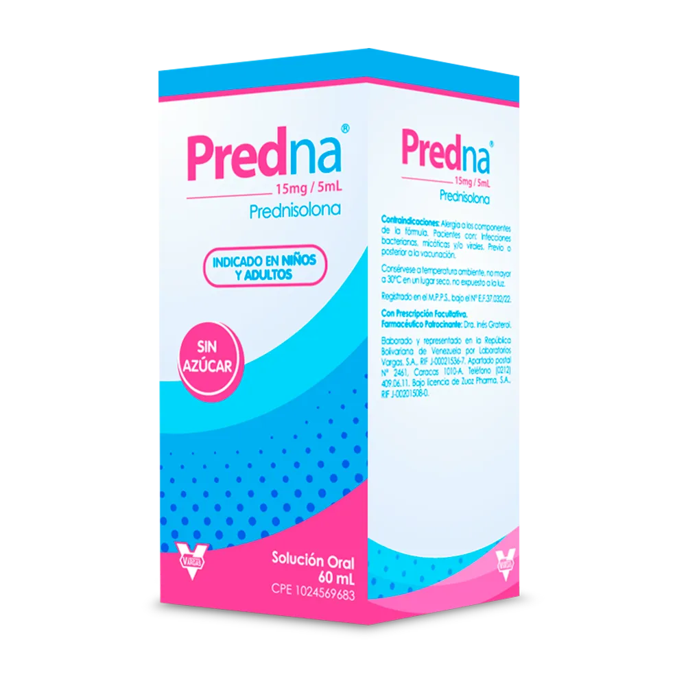 Predna 15 mg/5 mL Solución Oral (Prednisolona), frasco de jarabe corticoide para el tratamiento de inflamaciones, alergias severas, asma, enfermedades autoinmunes y como inmunosupresor en niños y adultos.