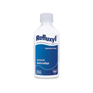 Refluxyl Suspensión Oral (Alginato de Sodio y Bicarbonato de Sodio), frasco de medicamento que forma una barrera protectora sobre el contenido estomacal, para el alivio rápido y duradero de la acidez y el reflujo gastroesofágico.