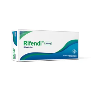 Rifendi 200 mg Comprimidos Recubiertos (Rifaximina), caja de antibiótico de acción local para el tratamiento de la diarrea del viajero, sobrecrecimiento bacteriano intestinal (SIBO) y enteritis.