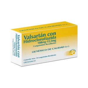 Valsartán 160 mg con Hidroclorotiazida 12,5 mg Comprimidos Recubiertos, caja de medicamento combinado (ARA II + Diurético) para el control de la hipertensión arterial moderada a severa.